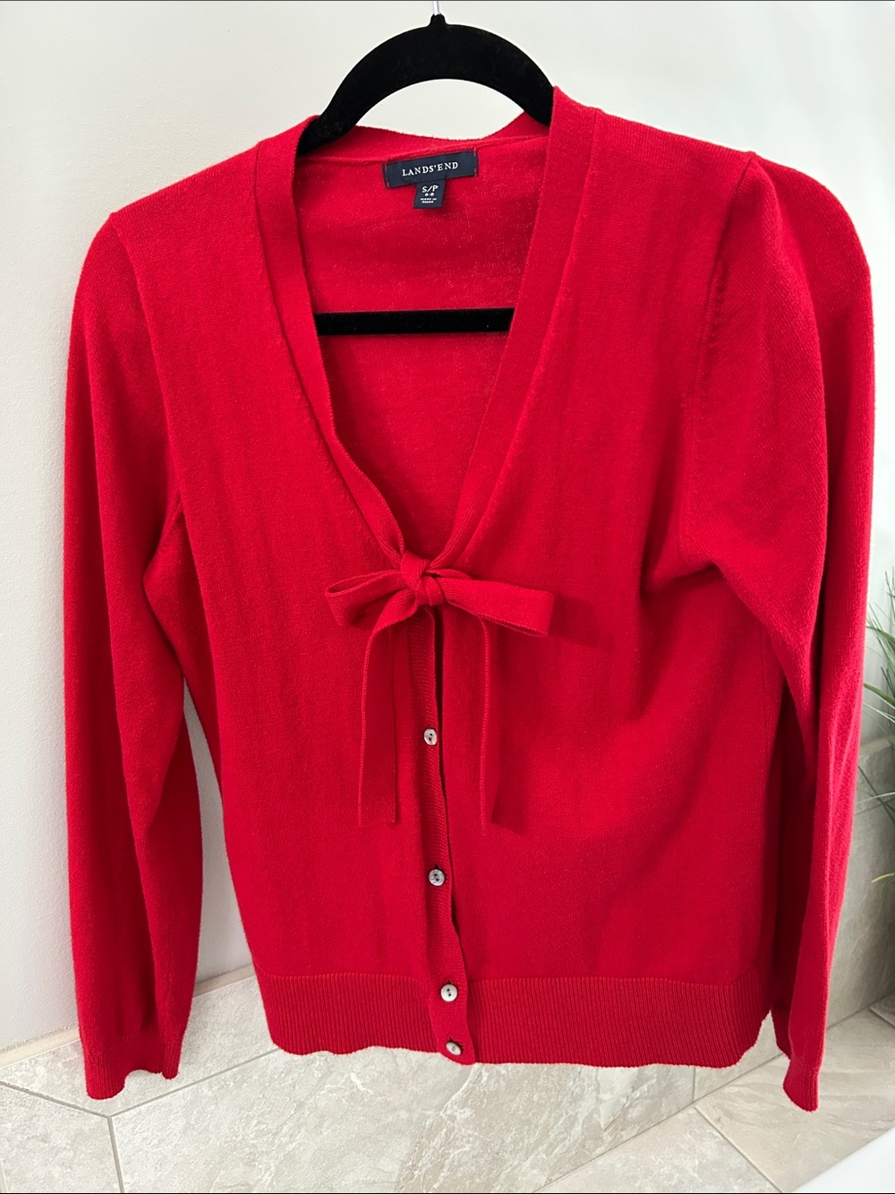 Lands' End Women's Red V‑Neck Tie‑Front Cardigan